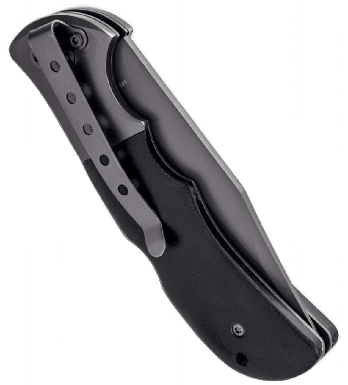 Boker Magnum Gray Eminence folding knife with black handle and sleek design.