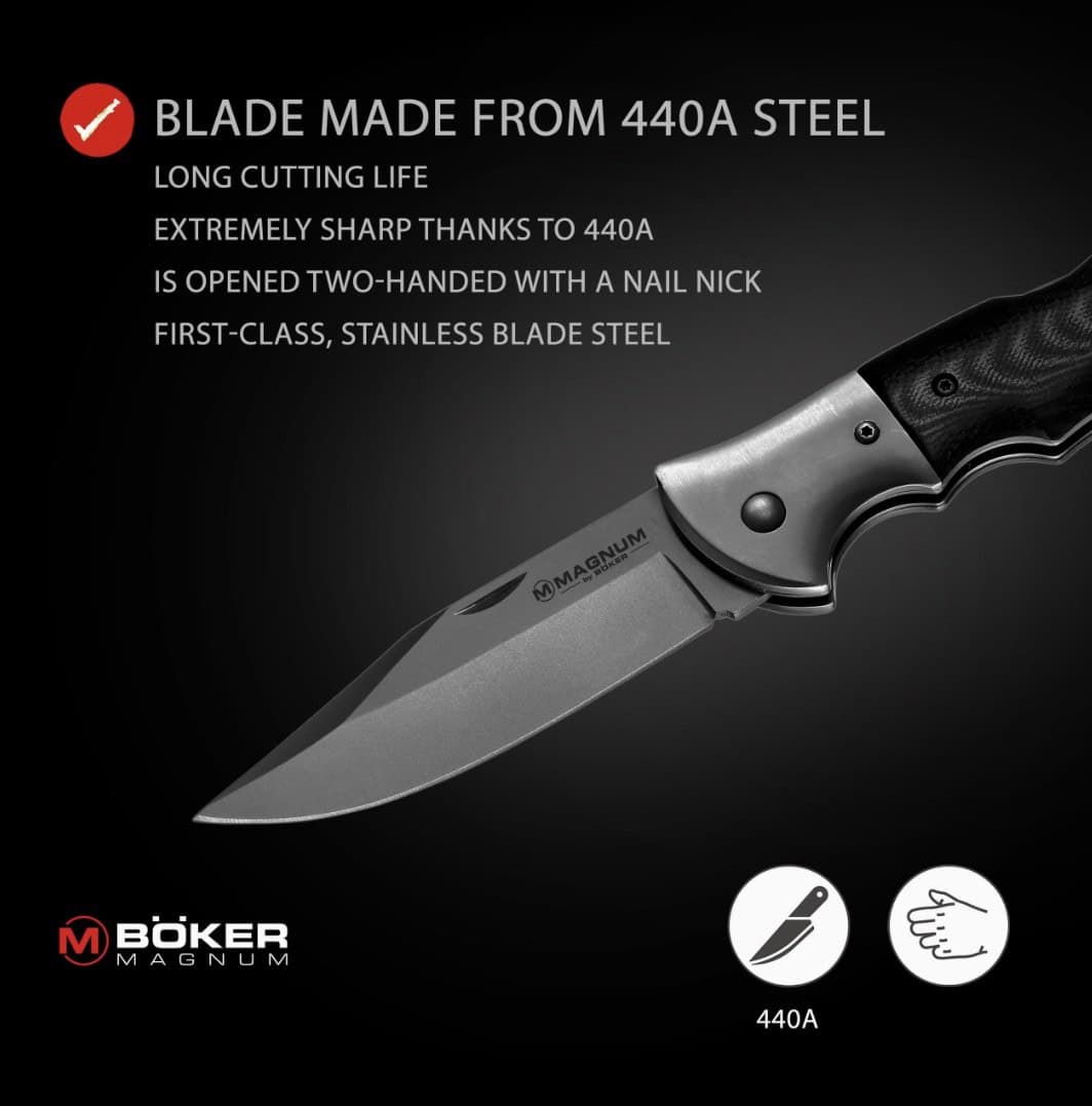 Boker Magnum Gray Eminence folding knife with 440A steel blade, ergonomic handle, and two-handed ope.