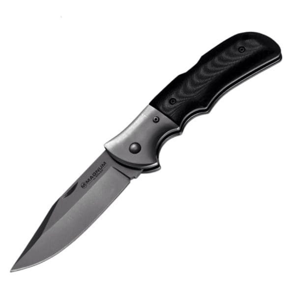 Boker Magnum Gray Eminence folding knife with black handle and stainless steel blade.