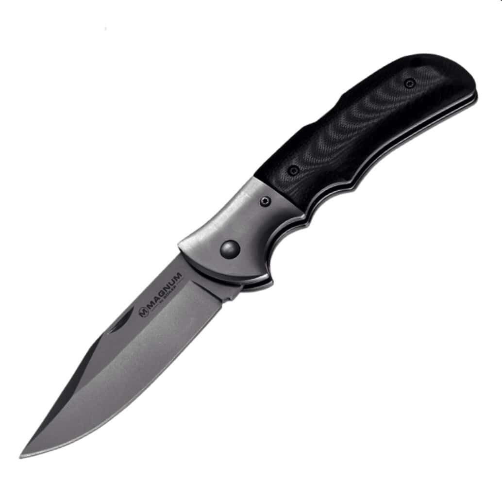 Boker Magnum Gray Eminence folding knife with black handle and stainless steel blade.