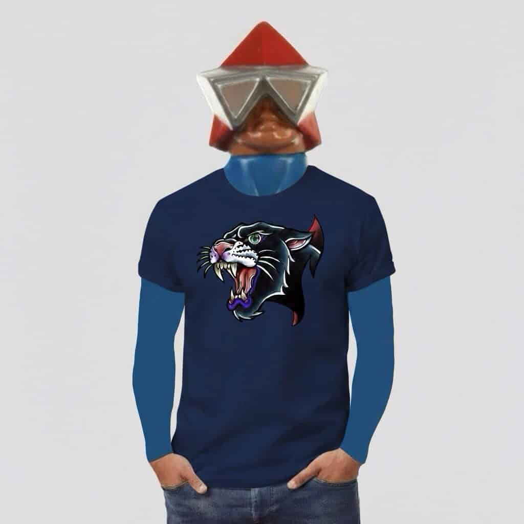 Man wearing Panther logo T-shirt with Utility Goat branding, casual style.